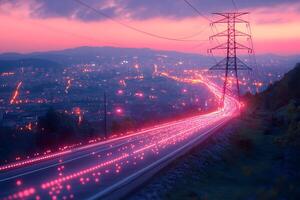 Futuristic Cityscape at Dusk with Illuminated Highway and Transmission Tower photo