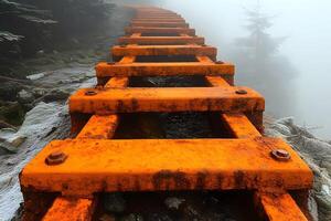 Rustic Orange Bridge Amidst Foggy Forest Scene for Adventurous Landscape Photography photo