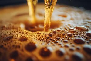 Carbonated Beverage Pouring and Foam Formation Close-Up for Refreshment Concept photo