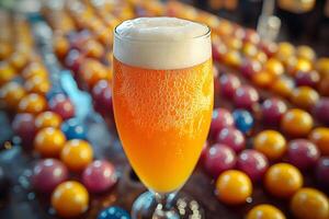 Refreshing Craft Beer with Vibrant Bokeh Background for Beverage Theme Design photo
