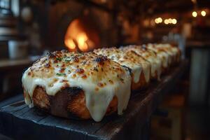 Gourmet Melted Cheese Bread in Rustic Bakery Setting photo