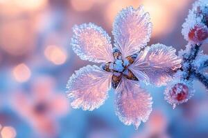 Frosty Pink Flower with Ice Crystals in Winter, Close-Up Nature Photography photo