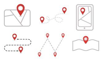 Set of Map and Location Pin Icons with Dotted Lines on Light Background vector