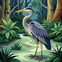 Gray Heron in a Serene Forest Sanctuary for Adult Coloring vector