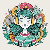 Zen Inspired Girl Lost in Groovy Tunes with Zendoodle Artwork vector