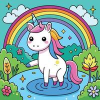 Enchanting Pond Scene with a Unicorn and Rainbow for Indian Culture Appreciation vector
