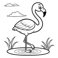 Cartoon Flamingo Outline Standing Majestically on a Tranquil Lake vector