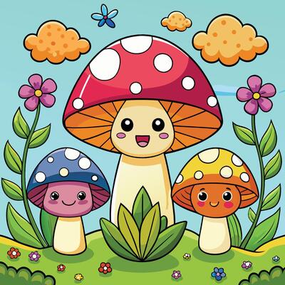Three Cute Mushrooms in Full Bloom with Fluttering Butterflies in Springtime