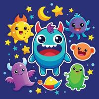 Cute and Whimsical Animated Sticker Set Featuring a Collection of Funny and Colorful Monsters vector