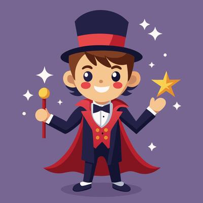 Adorable Cartoon Wizard with a Pointed Hat Performing Magic