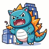 Cartoon Depiction of an Enraged Feline Dinosaur Wreaking Havoc on a Building vector