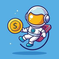 Cartoon Astronaut Soaring Through Space with Golden Coin in Hand vector
