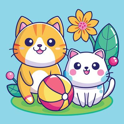 Adorable Cartoon Cat and Dog Pals Enjoying a Beach Day