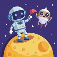 Cheerful Astronaut and Robotic Companion Descend to Earth in a Playful Adventure vector