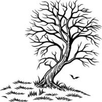 Drawing of a tree with a bat flying vector