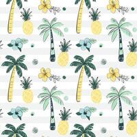 Seamless pattern with palm trees, pineapple and flowers. Sketch, line art drawing style. Doodle tropical backckgrounds. vector