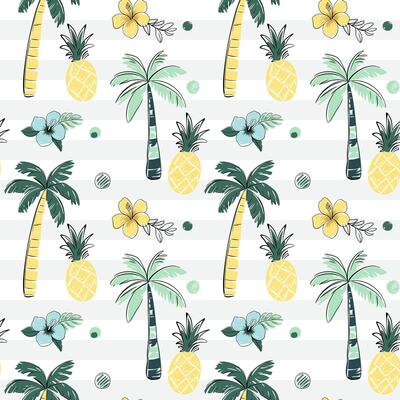 Seamless pattern with palm trees, pineapple and flowers. Sketch, line art drawing style. Doodle tropical backckgrounds.
