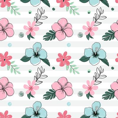 Seamless pattern with tropical flowers. Hibiscus, monstera backckground. Sketch, line art drawing style.