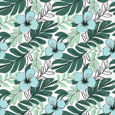 Seamless pattern with tropical leaves and blue hibiscus. Exotic flowers backckground. Sketch drawing style.