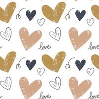 Doodle background with cute hearts. Seamless pattern with hand drawn hearts and text love. Simple doodle shapes. vector