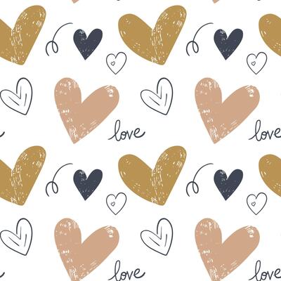 Doodle background with cute hearts. Seamless pattern with hand drawn hearts and text love. Simple doodle shapes.
