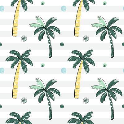 Seamless pattern with palm trees with black outline. Sketch, line art drawing style. Tropical backckground.