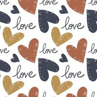 Seamless pattern with hand drawn hearts. Doodle background with cute hearts and the word love. Simple doodle shapes. vector