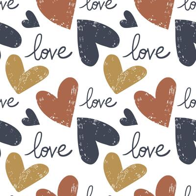 Seamless pattern with hand drawn hearts. Doodle background with cute hearts and the word love. Simple doodle shapes.