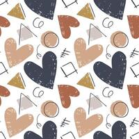 Seamless pattern with simple geometric shapes and hand drawn hearts. Doodle background with cute hearts. vector