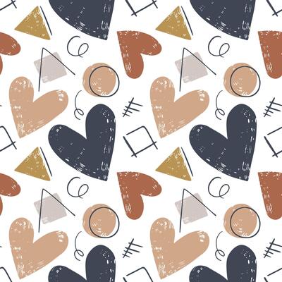 Seamless pattern with simple geometric shapes and hand drawn hearts. Doodle background with cute hearts.