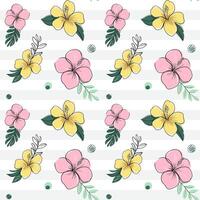 Seamless pattern with tropical flowers with black outline. Hibiscus backckground. Sketch, line art drawing style. vector