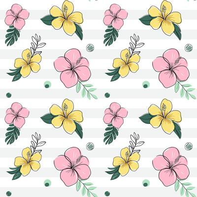 Seamless pattern with tropical flowers with black outline. Hibiscus backckground. Sketch, line art drawing style.