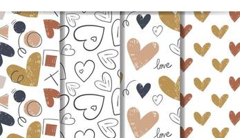 Set of patterns with simple geometric shapes and hand drawn hearts. Love seamless pattern. Doodle backgrounds with cute hearts. vector