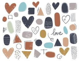 Hand drawn abstract shapes and hearts set. Dots. Paint strokes, dirty style. Heart doodles set. Grunge texture. vector