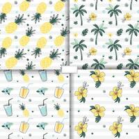 Seamless patterns with tropical flowers, fruits, pineapple, palm trees. Sketch drawing style. Doodle tropical backckgrounds. vector
