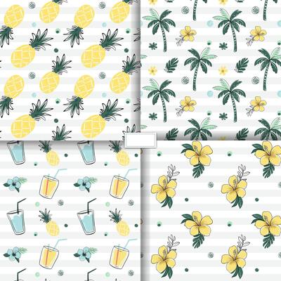 Seamless patterns with tropical flowers, fruits, pineapple, palm trees. Sketch drawing style. Doodle tropical backckgrounds.