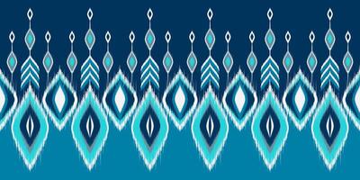 Elegant teal and navy ikat border with diamond patterns. Seamless ethnic design with gradient blue background. Perfect for textiles, home decor, and digital projects. vector