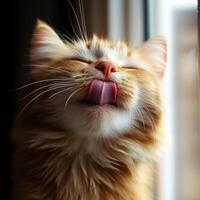 Curious orange cat enjoying a sunny moment by the window while licking its nose. photo