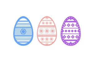 Easter eggs set doodle style. Happy easter hand drawn isolated on white background. Three eggs. Blue, light pink and violet colors. Ornamental eggs. vector