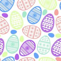 Easter seamless pattern in simple design. Easter eggs cute illustration in flat style. Ornamental eggs. Violet, light green, blue and light pink colors on white background. vector