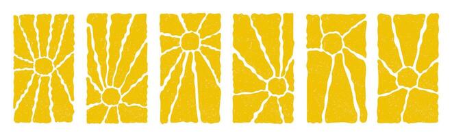 Retro Groovy Sun Background Set. Abstract Wave Ray Pattern in Trendy 70s Style. Boho Colorful Groovy Sun Psychedelic Vintage Background. Graphic Fun Hippie Poster. Abstract Summer Wallpaper. vector
