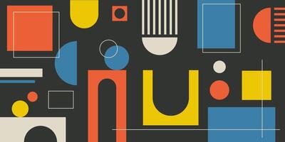Abstract retro geometric banner with shapes and forms. Brutal contemporary figures and other graphic design elements. Swiss design aesthetic, Y2K illustrations. vector