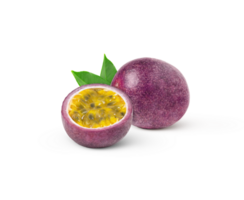 Purple passion fruit with cut in half and green leaf isolated. Maracuya isolated with leaves. png