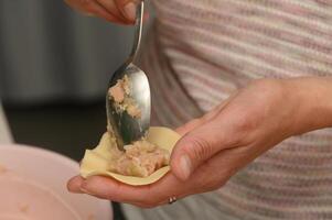 Crafting delicate dumplings filled with savory goodness during a joyful afternoon in a cozy kitchen photo