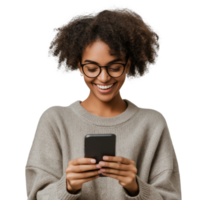 A woman in glasses is smiling while using her phone png
