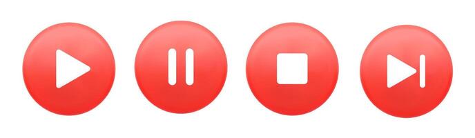 Set of red glossy media control buttons with white icons for play, pause, stop, and next in modern 3D style, featuring rounded shapes, soft shadows, and intuitive UI elements for digital interface vector