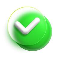 3D green check mark icon in glass morphism style with glowing translucent background, white tick symbol, and modern UI design representing confirmation, approval, and successful status vector