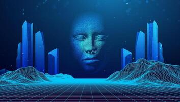 Future smart city tech background. AI Business building skyline technology concept. Futuristic 5g data network 3d blue light woman robot face virtual hologram. Neon digital architecture. vector