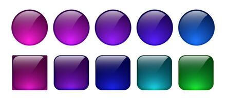 Set of glossy gradient buttons in round and square shapes featuring purple, blue, teal, and green colors with modern glassmorphism style, ideal for UI design, app interfaces, icons, and web components vector