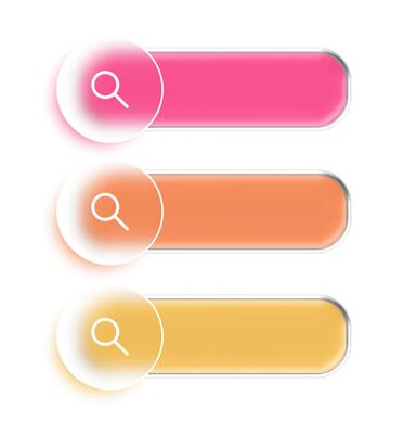 Glass morphism search bar button set with magnifying glass icon. Web page pink, orange, yellow neon gradient design. Text input transparent website browser address line. Computer empty find in www.